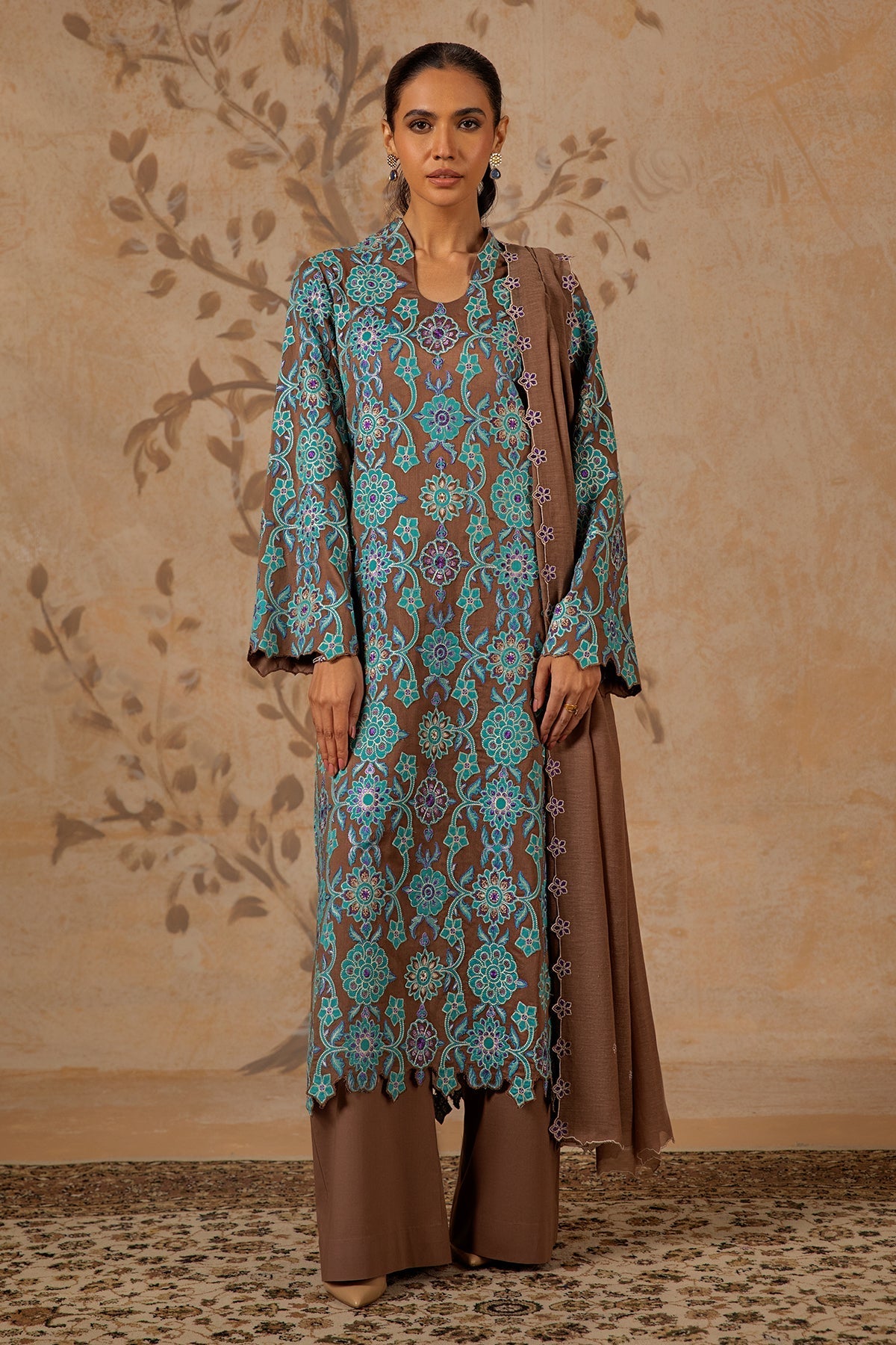 3 Piece - Dyed & Embroidered Malmal Suit - MC1215-27 - Shop Now at Kayseria