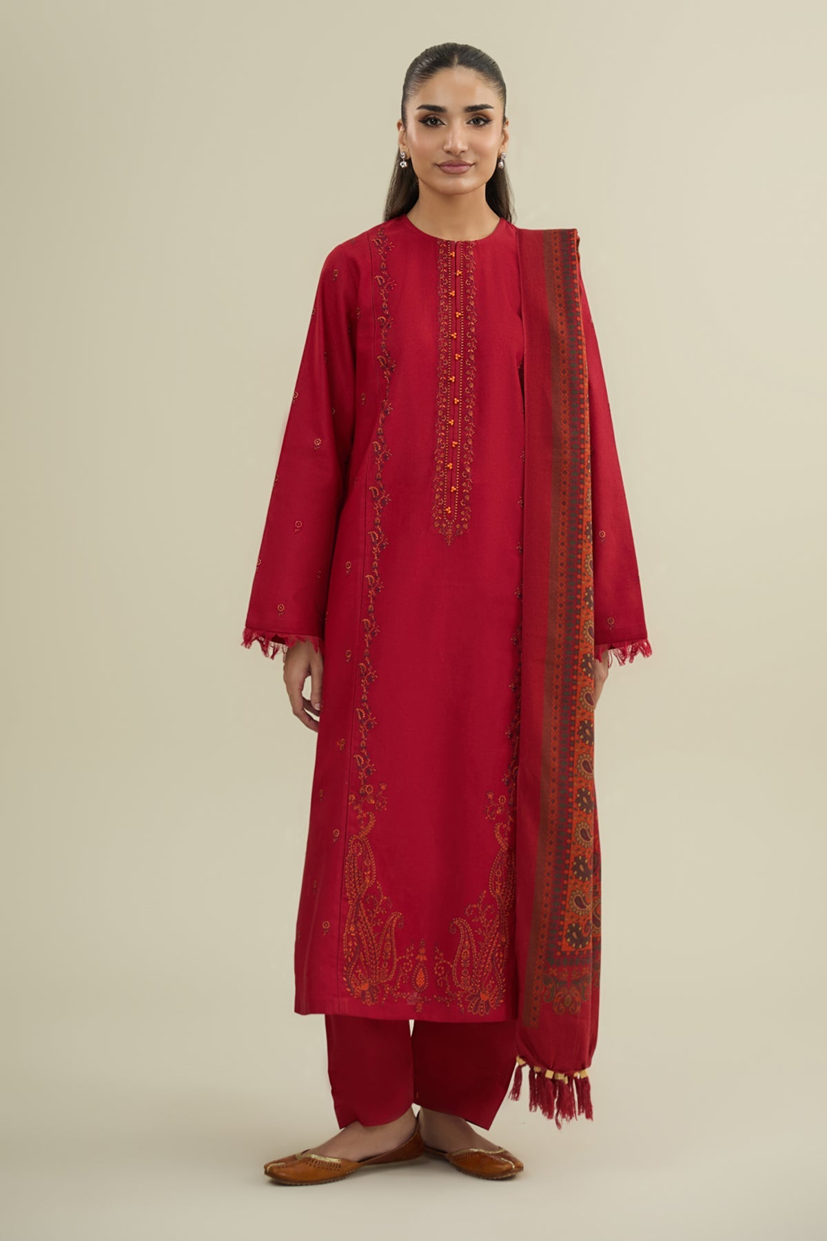3 Piece - Printed & Embroidered Slub Khaddar Suit - C6356 - Shop Now at Kayseria