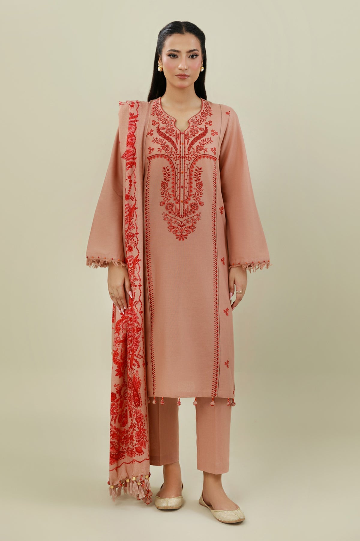 3 Piece - Printed & Embroidered Slub Khaddar Suit - C6413 - Shop Now at Kayseria