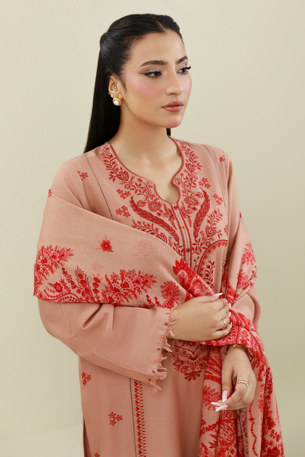 3 Piece - Printed & Embroidered Slub Khaddar Suit - C6413 - Shop Now at Kayseria