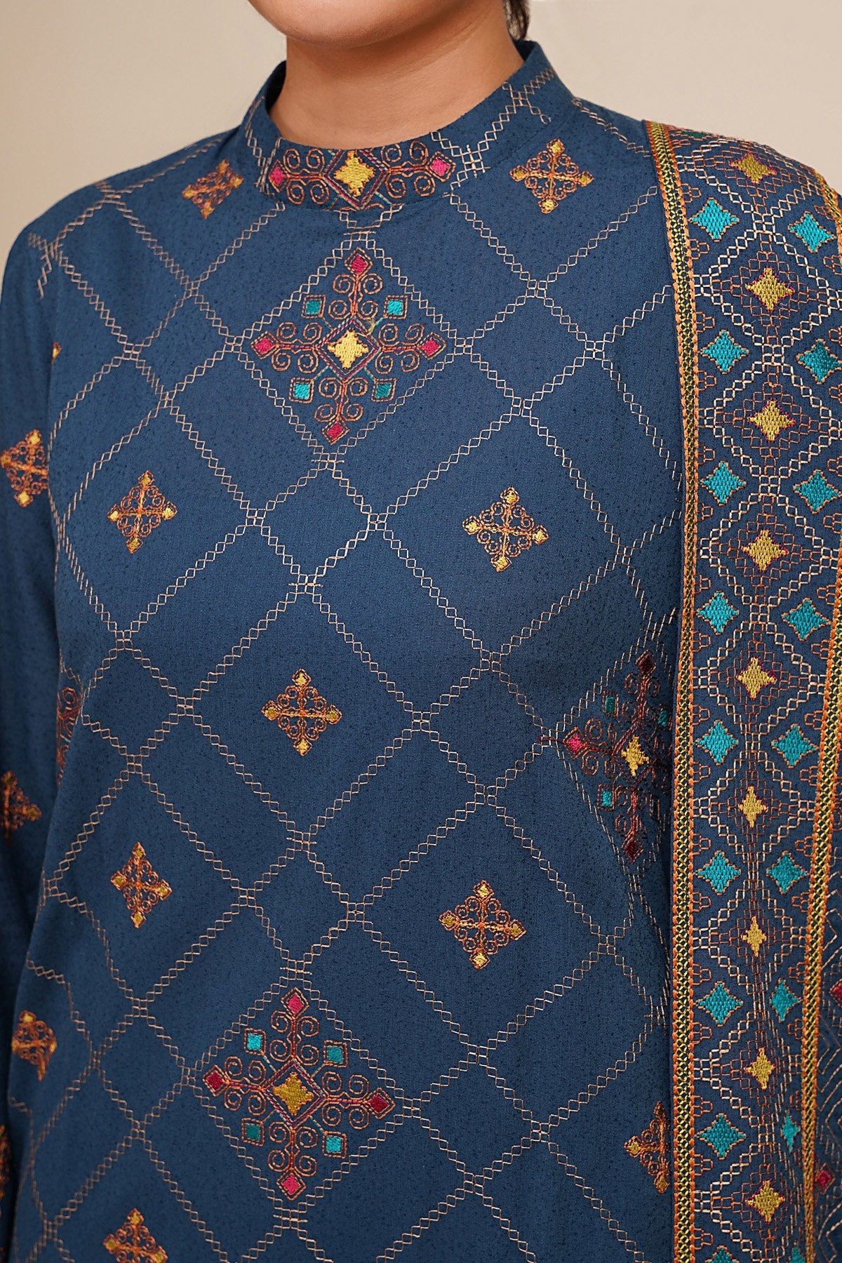 3 Piece - Embroidered Viscose Karandi Suit - E1774 - Shop Now at Kayseria