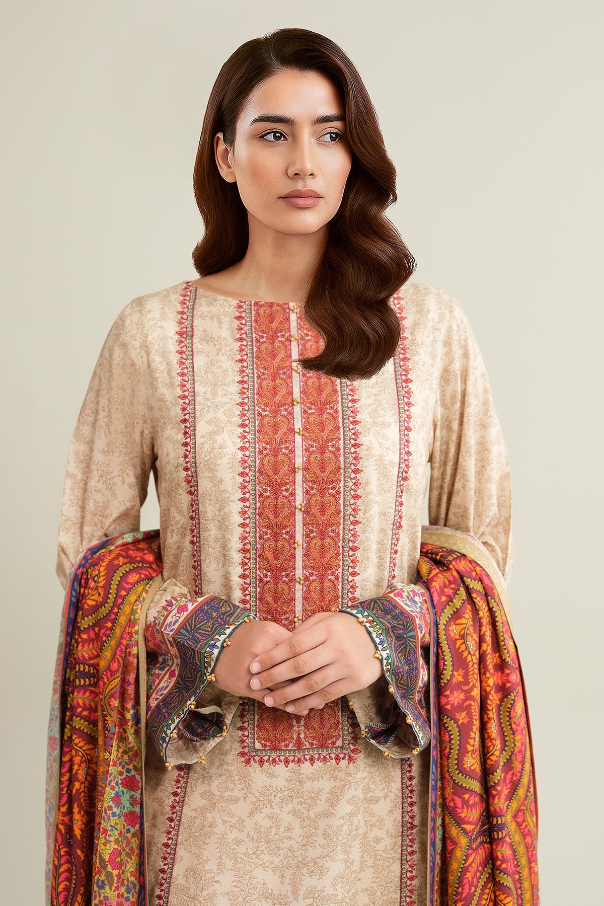 3 Piece - Printed Raw Silk Suit - E1812 - Shop Now at Kayseria