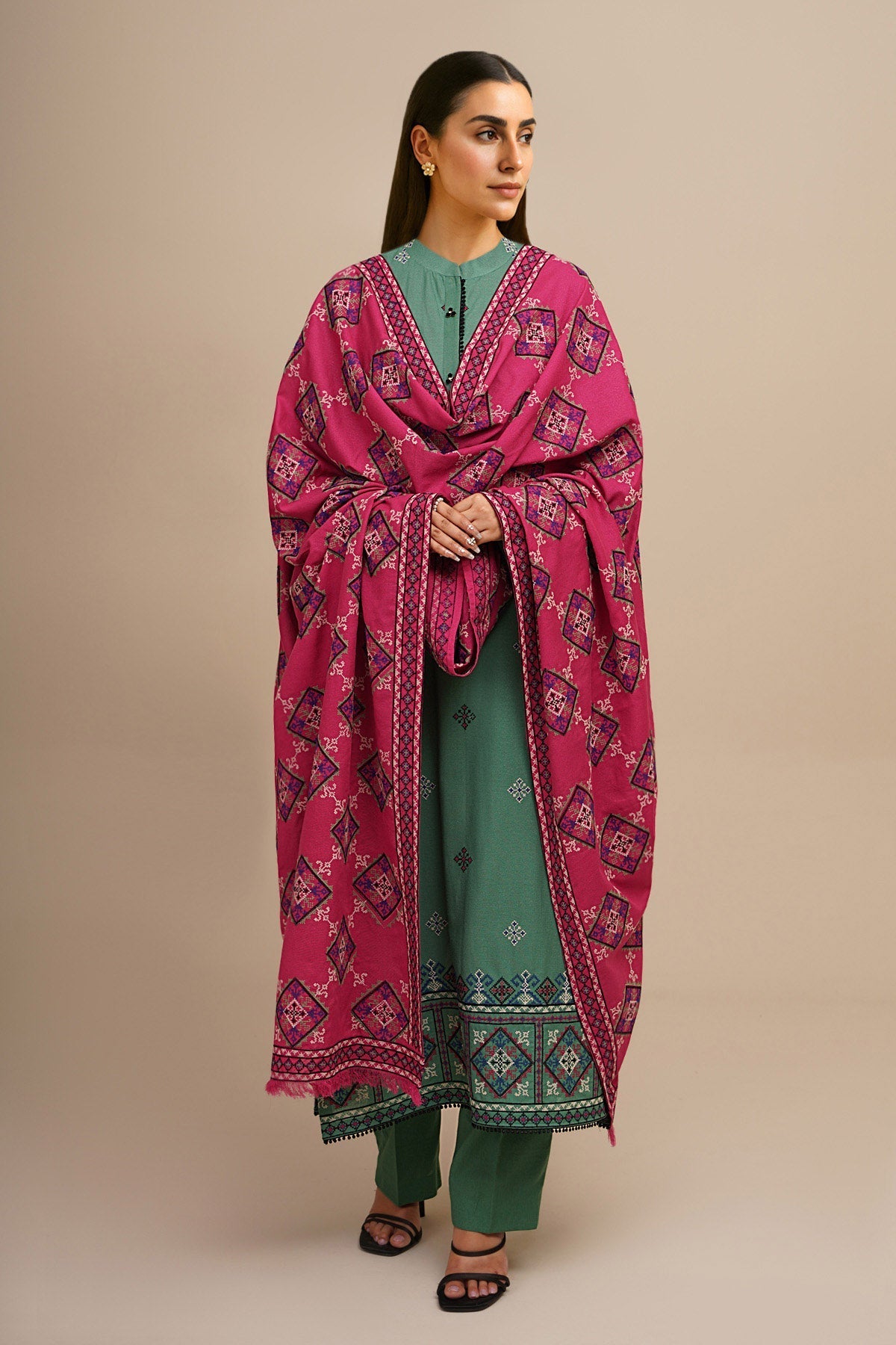 3 Piece - Embroidered Viscose Karandi Suit - E1844 - Shop Now at Kayseria