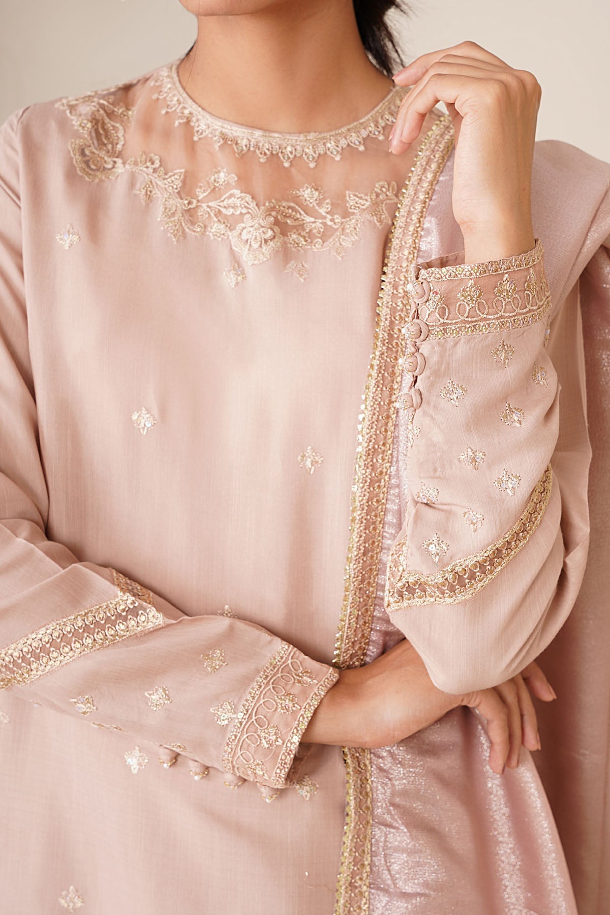 3 Piece - Embroidered Raw Silk Suit - KPS25-P3491 - Shop Now at Kayseria