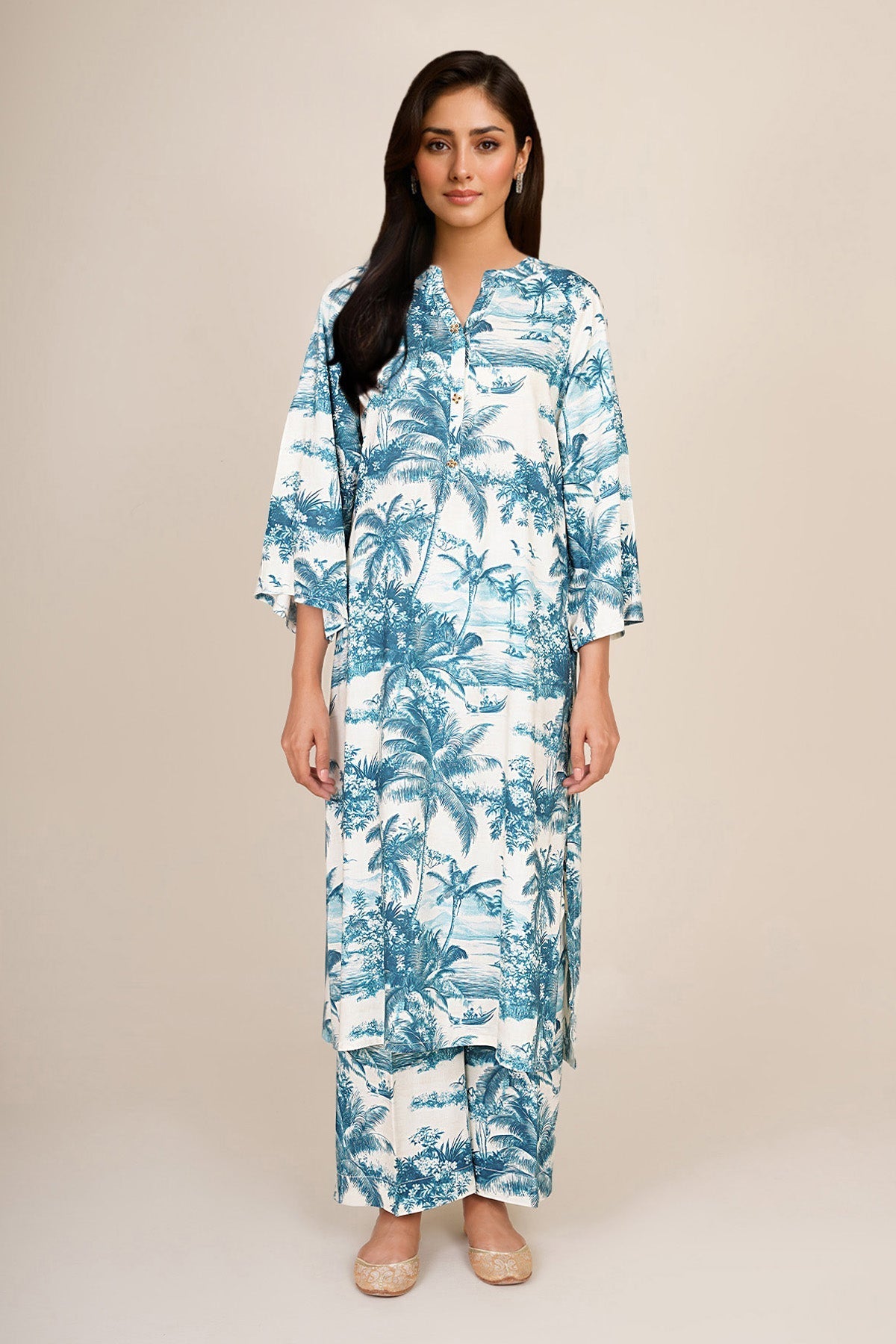 2 Piece - Printed Linen Suit - KPW25-P3805 - Shop Now at Kayseria