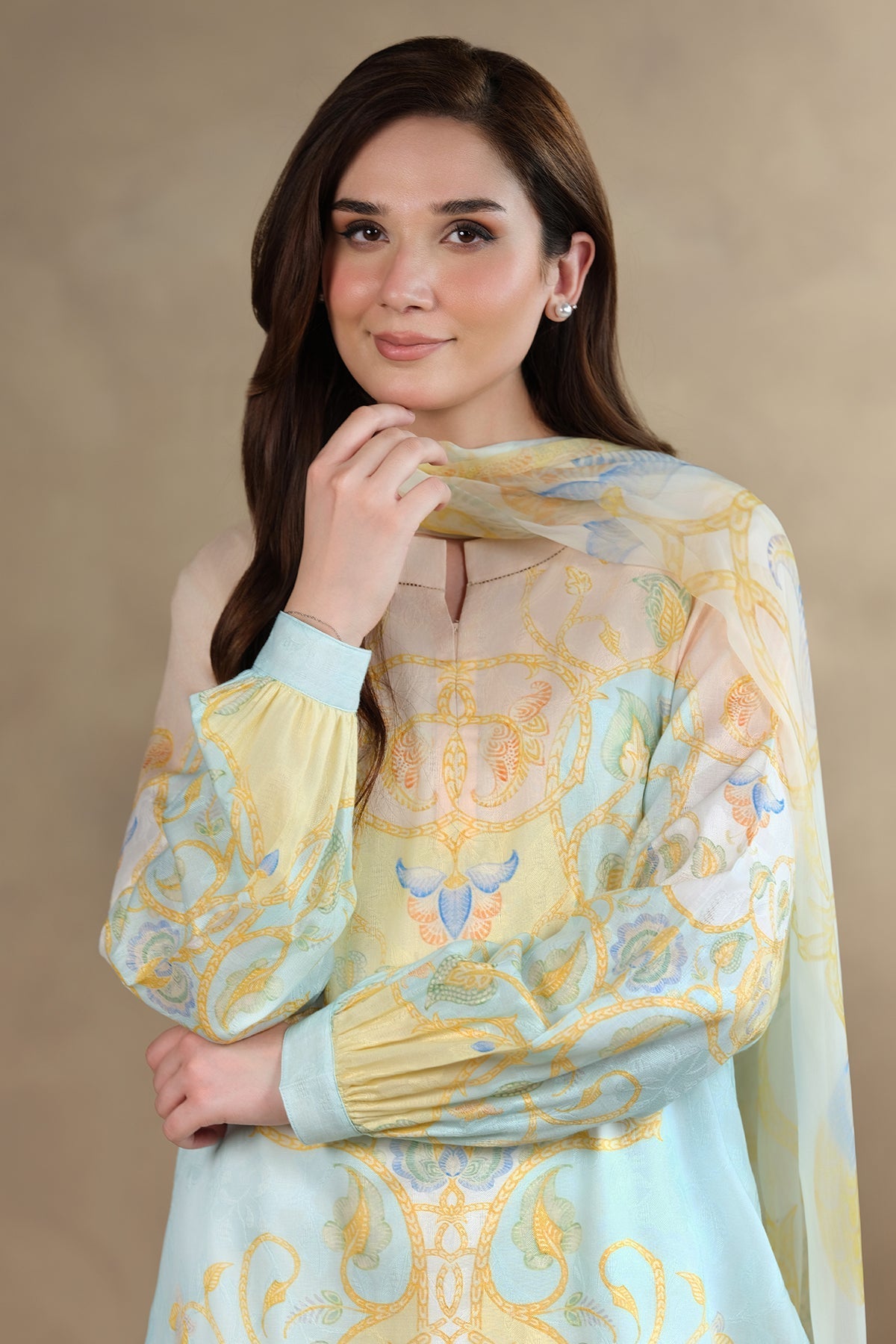 3 Piece - Printed & Embroidered Self Jacquard Suit - MC1804 - Shop Now at Kayseria