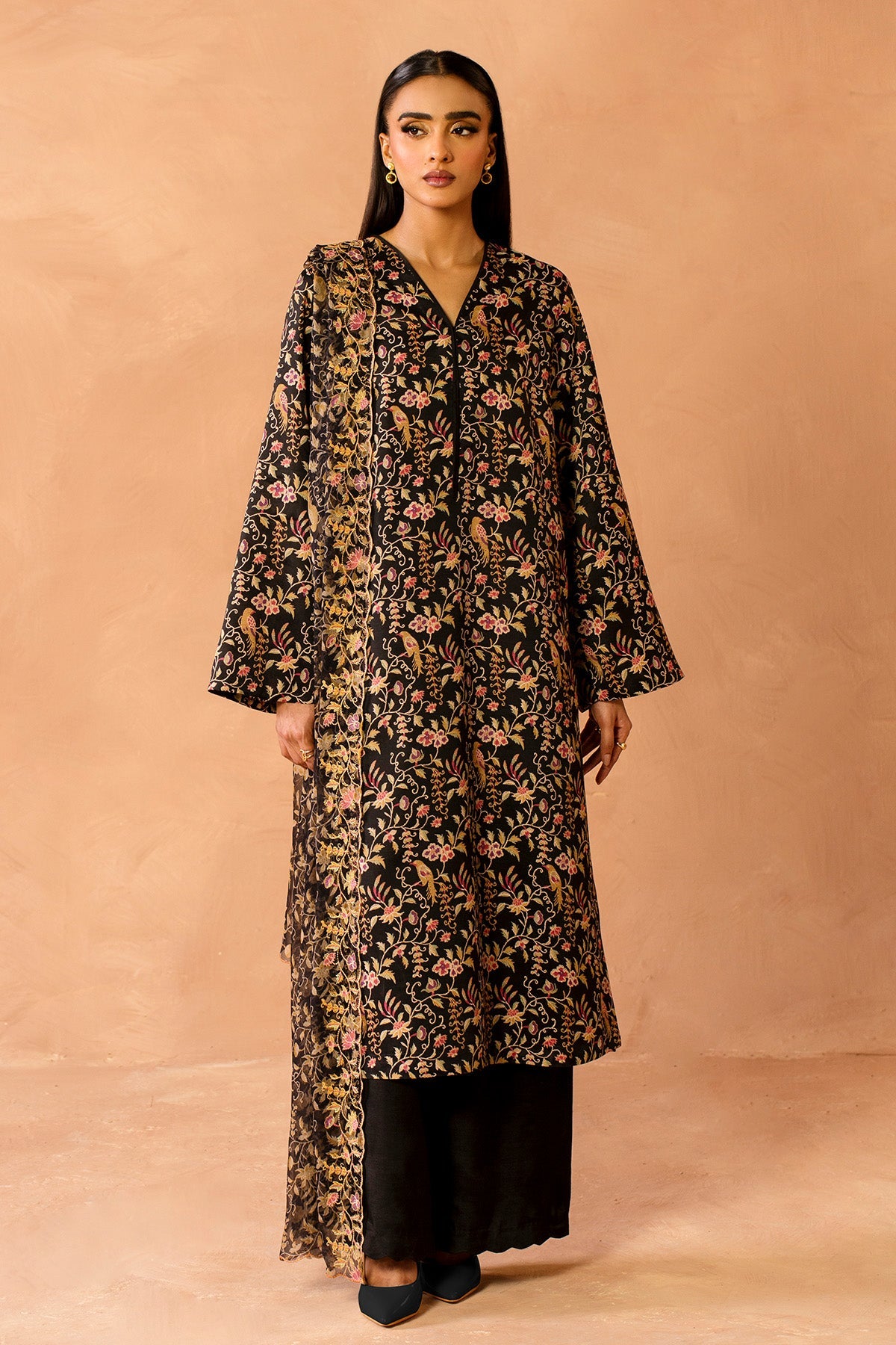 3 Piece - Printed & Embroidered Raw Silk Suit - MC2111 - Shop Now at Kayseria